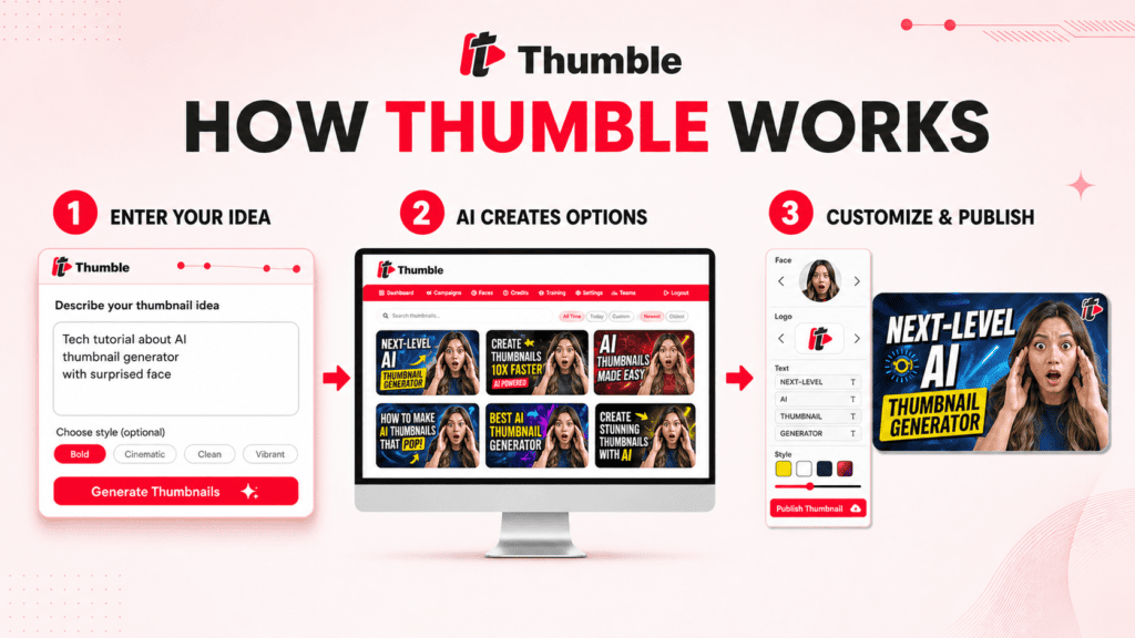 How Thumble works: enter an idea, generate AI thumbnail options, then customize and publish