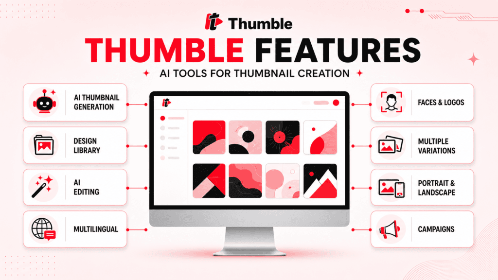 Thumble features including AI thumbnail generation, editing, branding and plan comparison