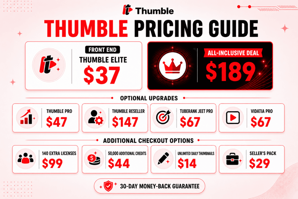 Thumble pricing comparison showing Elite, Pro, OTOs and the All-Inclusive Deal